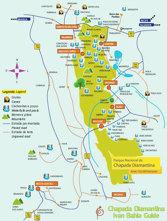 Map of Chapada Diamantina parc main attractions